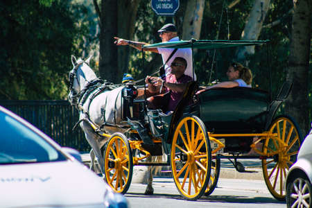 Seville Spain September 04, 2021 Horse drawn carriage ride through the streets of Seville during the coronavirus outbreak hitting Spain, wearing a mask is mandatoryのeditorial素材