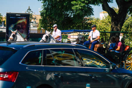 Seville Spain September 04, 2021 Traffic jam in the streets of Seville, an emblematic city and the capital of the region of Andalusia, in the south of Spainのeditorial素材