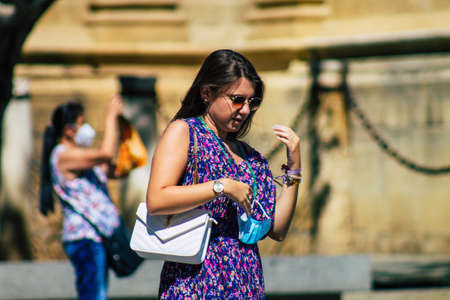 Seville Spain September 18, 2021 Pedestrians walking in the street during the coronavirus outbreak...