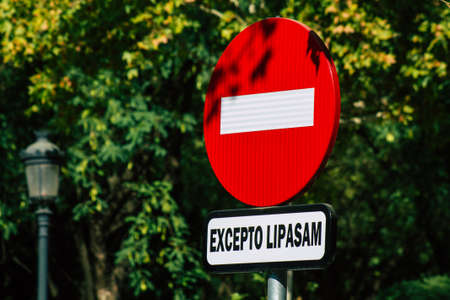 Seville Spain September 15, 2021 Street sign or road sign, erected at the side of or above roads to provide information to road user in the downtown area of Sevilleのeditorial素材