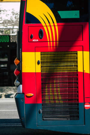 Seville Spain September 18, 2021 Bus driving through the streets of Seville during the coronavirus outbreak hitting Spain, wearing a mask is mandatoryのeditorial素材