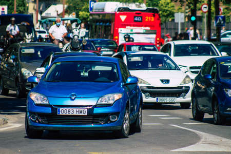 Seville Spain September 18, 2021 Traffic jam in the streets of Seville, an emblematic city and the capital of the region of Andalusia, in the south of Spainのeditorial素材