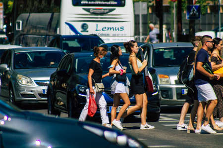 Seville Spain September 18, 2021 Pedestrians walking in the street during the coronavirus outbreak hitting Spain, wearing a mask is not mandatory but most of people wear itのeditorial素材