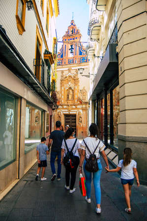 Seville Spain September 18, 2021 Pedestrians walking in the street during the coronavirus outbreak hitting Spain, wearing a mask is not mandatory but most of people wear itのeditorial素材
