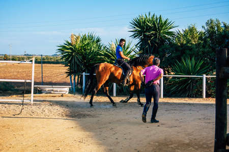 Seville Spain September 15, 2021 Unidentified Spanish people tending to horses at a hacienda in Andalusia in southern Spainのeditorial素材