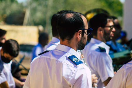 Carmona Spain September 26, 2021 Focus of members of a local music orchestra playing music in the streets of Carmona during the coronavirus epidemic hitting Spainのeditorial素材