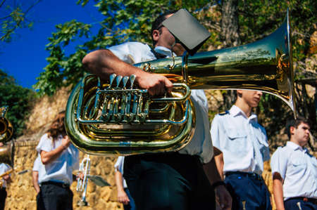 Carmona Spain September 26, 2021 Focus of members of a local music orchestra playing music in the streets of Carmona during the coronavirus epidemic hitting Spainのeditorial素材