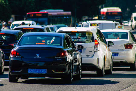 Seville Spain September 22, 2021 Traffic jam in the streets of Seville, an emblematic city and the capital of the region of Andalusia, in the south of Spainのeditorial素材