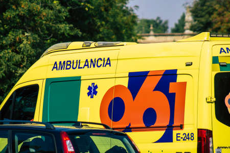 Seville Spain September 28, 2021 Ambulance driving through the streets of Seville during the coronavirus outbreak hitting Spain, wearing a mask is mandatoryのeditorial素材