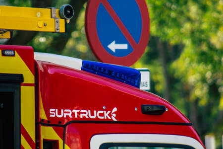 Seville Spain September 28, 2021 Fire engine parked in the streets of Seville, an emblematic city and the capital of the region of Andalusia during the coronavirus pandemic affecting Spainのeditorial素材