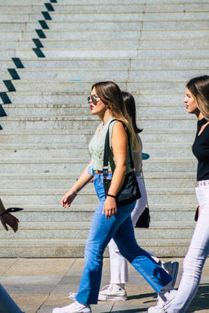Seville Spain September 18, 2021 Pedestrians walking in the street during the coronavirus outbreak hitting Spain, wearing a mask is not mandatory but most of people wear itのeditorial素材