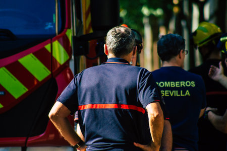 Seville Spain September 22, 2021 Seville firefighters training at the fire station during the coronavirus outbreak, they are training in the use of firefighting equipment under intervention conditionsのeditorial素材