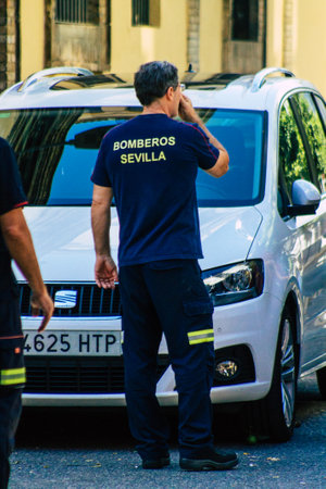 Seville Spain September 22, 2021 Seville firefighters training at the fire station during the coronavirus outbreak, they are training in the use of firefighting equipment under intervention conditionsのeditorial素材