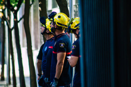 Seville Spain September 22, 2021 Seville firefighters training at the fire station during the coronavirus outbreak, they are training in the use of firefighting equipment under intervention conditionsのeditorial素材