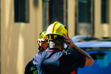 Seville Spain September 22, 2021 Seville firefighters training at the fire station during the coronavirus outbreak, they are training in the use of firefighting equipment under intervention conditionsのeditorial素材