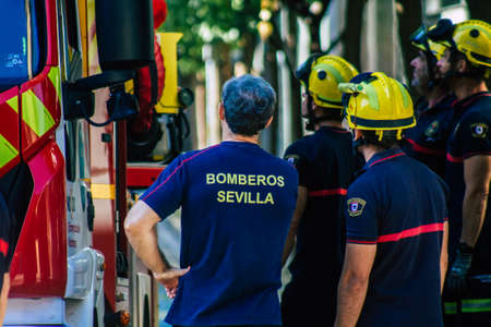 Seville Spain September 22, 2021 Seville firefighters training at the fire station during the coronavirus outbreak, they are training in the use of firefighting equipment under intervention conditionsのeditorial素材