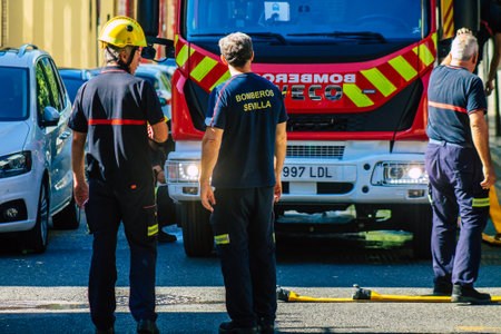 Seville Spain September 22, 2021 Seville firefighters training at the fire station during the coronavirus outbreak, they are training in the use of firefighting equipment under intervention conditionsのeditorial素材