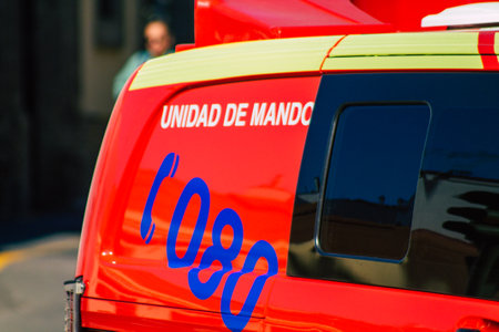 Seville Spain September 22, 2021 Fire engine rolling in the streets of Seville, an emblematic city and the capital of the region of Andalusia during the coronavirus pandemic affecting Spainのeditorial素材
