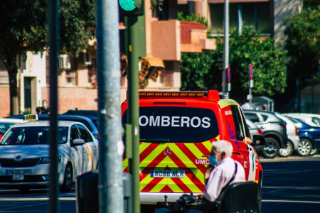 Seville Spain September 22, 2021 Fire engine rolling in the streets of Seville, an emblematic city and the capital of the region of Andalusia during the coronavirus pandemic affecting Spainのeditorial素材