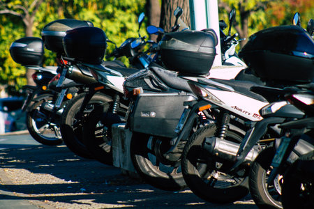 Seville Spain September 22, 2021 Motorcycle parked in the streets of Seville, an emblematic city and the capital of the region of Andalusiaのeditorial素材
