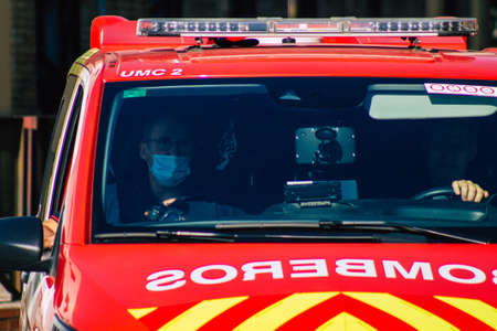 Seville Spain September 22, 2021 Fire engine rolling in the streets of Seville, an emblematic city and the capital of the region of Andalusia during the coronavirus pandemic affecting Spainのeditorial素材