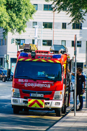 Seville Spain September 28, 2021 Fire engine parked in the streets of Seville, an emblematic city and the capital of the region of Andalusia during the coronavirus pandemic affecting Spainのeditorial素材