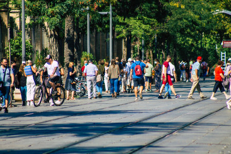 Seville Spain September 22, 2021 Pedestrians walking in the street during the coronavirus outbreak...