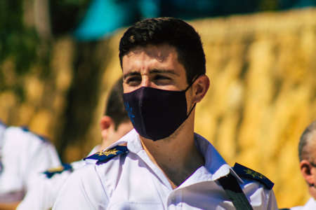 Carmona Spain September 26, 2021 Focus of members of a local music orchestra playing music in the streets of Carmona during the coronavirus epidemic hitting Spainのeditorial素材