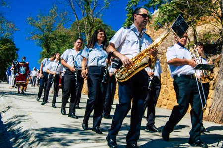 Carmona Spain September 26, 2021 Focus of members of a local music orchestra playing music in the streets of Carmona during the coronavirus epidemic hitting Spainのeditorial素材