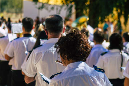 Carmona Spain September 26, 2021 Focus of members of a local music orchestra playing music in the streets of Carmona during the coronavirus epidemic hitting Spainのeditorial素材