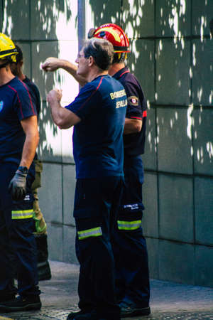 Seville Spain September 22, 2021 Seville firefighters training at the fire station during the coronavirus outbreak, they are training in the use of firefighting equipment under intervention conditionsのeditorial素材