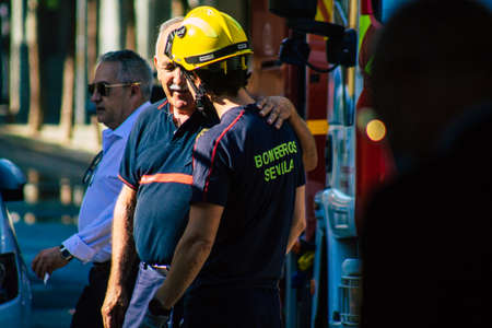 Seville Spain September 22, 2021 Seville firefighters training at the fire station during the coronavirus outbreak, they are training in the use of firefighting equipment under intervention conditionsのeditorial素材