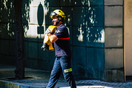 Seville Spain September 22, 2021 Seville firefighters training at the fire station during the coronavirus outbreak, they are training in the use of firefighting equipment under intervention conditionsのeditorial素材