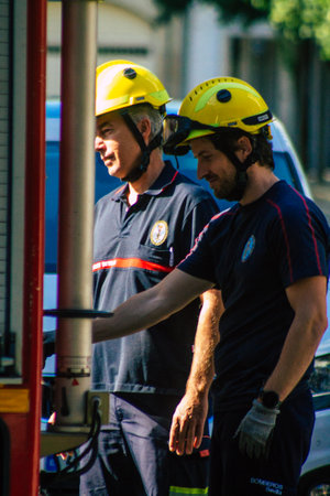 Seville Spain September 22, 2021 Seville firefighters training at the fire station during the coronavirus outbreak, they are training in the use of firefighting equipment under intervention conditionsのeditorial素材