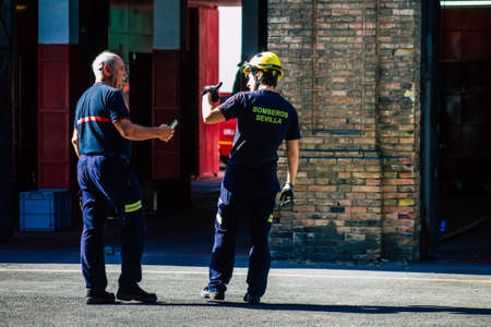 Seville Spain September 22, 2021 Seville firefighters training at the fire station during the...