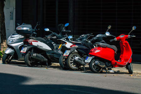 Seville Spain September 22, 2021 Motorcycle parked in the streets of Seville, an emblematic city and the capital of the region of Andalusiaのeditorial素材