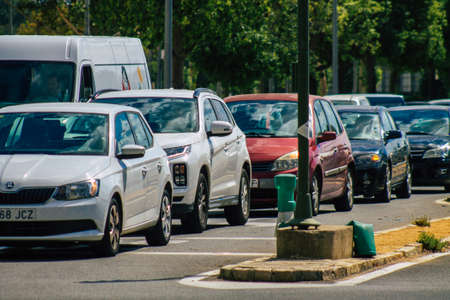 Seville Spain September 22, 2021 Traffic jam in the streets of Seville, an emblematic city and the capital of the region of Andalusia, in the south of Spainのeditorial素材