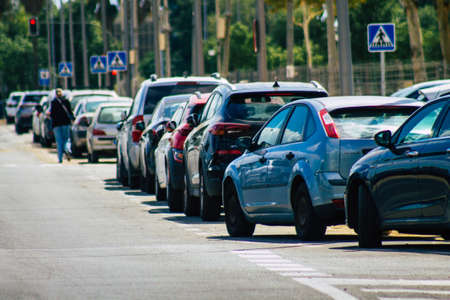 Seville Spain September 22, 2021 Cars parked in the streets of Seville, an emblematic city and the capital of the region of Andalusia, in the south of Spainのeditorial素材