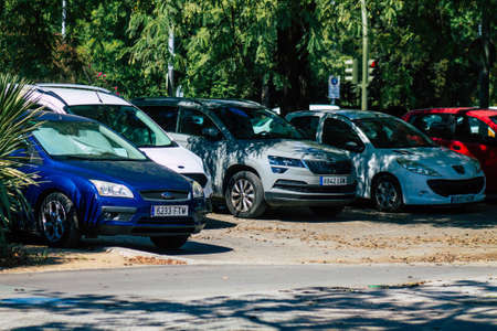Seville Spain September 22, 2021 Cars parked in the streets of Seville, an emblematic city and the capital of the region of Andalusia, in the south of Spainのeditorial素材