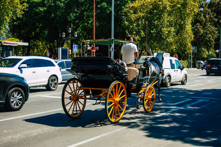 Seville Spain September 18, 2021 Horse drawn carriage ride through the streets of Seville during the coronavirus outbreak hitting Spain, wearing a mask is mandatoryのeditorial素材