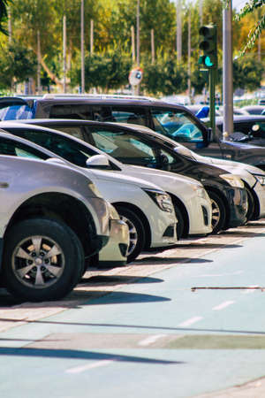 Seville Spain September 22, 2021 Cars parked in the streets of Seville, an emblematic city and the capital of the region of Andalusia, in the south of Spainのeditorial素材