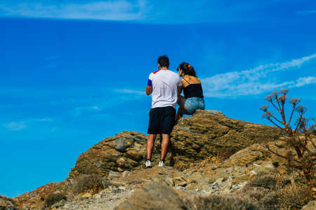 Santorini Island, Perissa, Greece - October 17, 2021 Ancient Thira hiking trail in Santorini,  the...