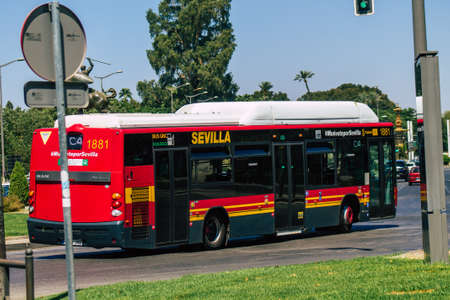 Seville Spain August 28, 2021 Bus driving through the streets of Seville during the coronavirus...