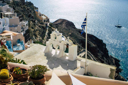 Santorini, Oia, Greece - October 24, 2021 Traditional orthodox church located in the town of Oia...