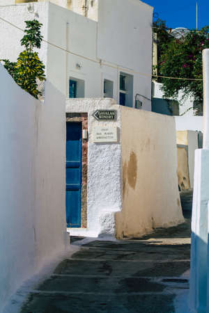 Santorini, Megalochori, Greece - October 24, 2021 Cityscape of Megalochori, the small traditional white houses typical of this island are perched on the side of the ancient active volcanoのeditorial素材