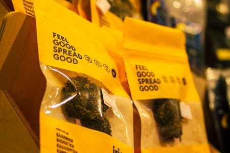 Santorini, Fira, Greece - October 28, 2021 Volcano cannabis shop located in Fira, Hemp derived CBD products is legal in Greeceのeditorial素材