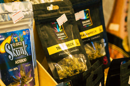 Santorini, Fira, Greece - October 28, 2021 Volcano cannabis shop located in Fira, Hemp derived CBD products is legal in Greeceのeditorial素材