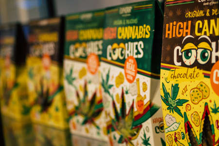 Santorini, Fira, Greece - October 28, 2021 Volcano cannabis shop located in Fira, Hemp derived CBD products is legal in Greeceのeditorial素材