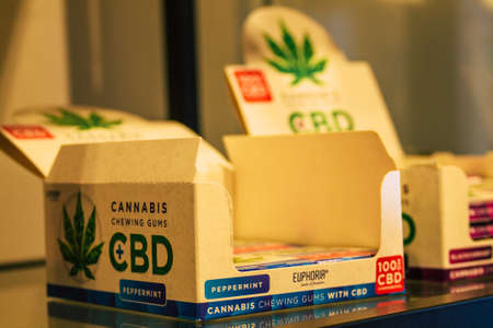 Santorini, Fira, Greece - October 28, 2021 Volcano cannabis shop located in Fira, Hemp derived CBD...