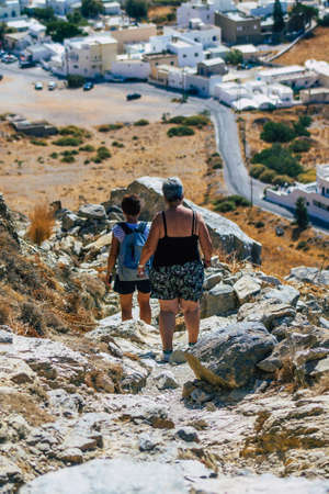 Santorini Island, Perissa, Greece - October 17, 2021 Ancient Thira hiking trail in Santorini,  the ancient path to Perissa leads you through the slopes of Profitis Elias and Mesa Vouno to the topのeditorial素材
